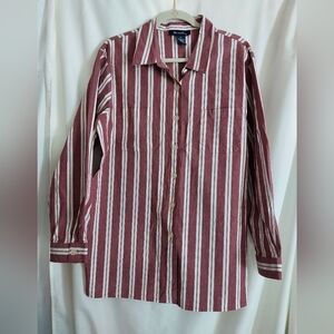 Denim&Co Maroon and White Striped Button Down Shirt